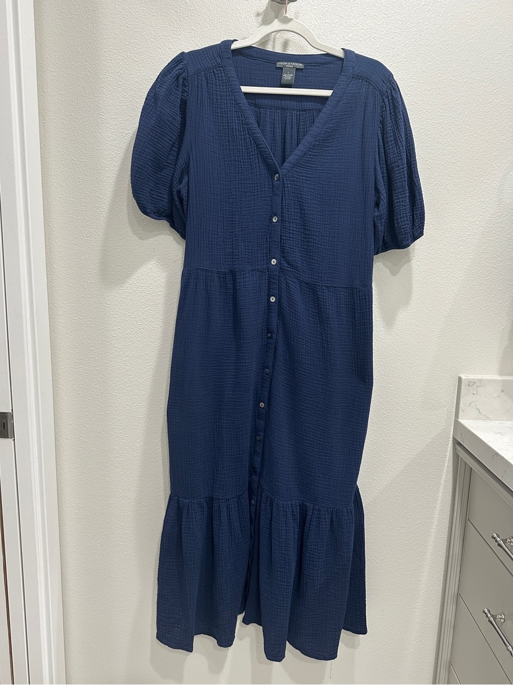 Chelsea & Theodore Navy Button-Front Midi Dress